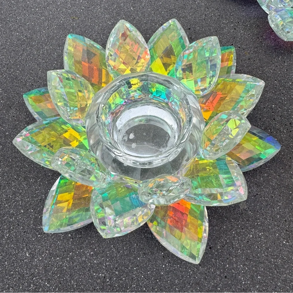 Z GALLERIE 2 pc LOTUS FLOWER candle holder crystal rainbow home decor iridescent